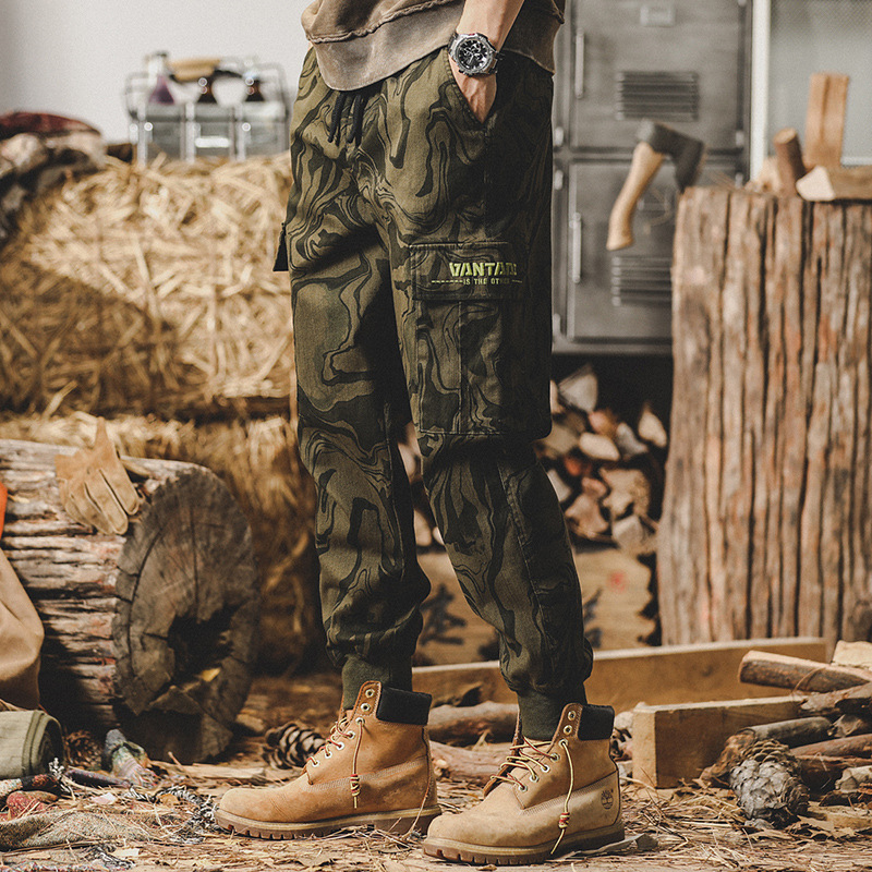 美式迷彩工裝褲子男冬季加厚寬鬆大碼男士休閒褲加絨闊腿束腳褲男