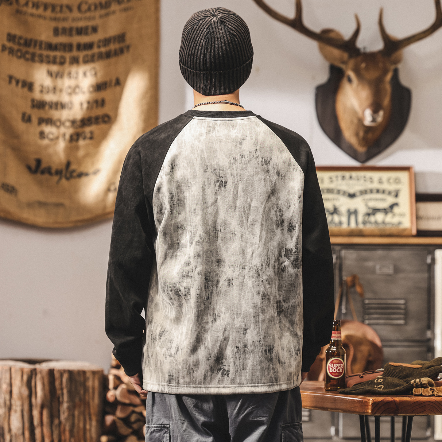 美式復古360g重磅空氣層麂皮絨衛衣男秋季新款插肩潮流長袖上衣男