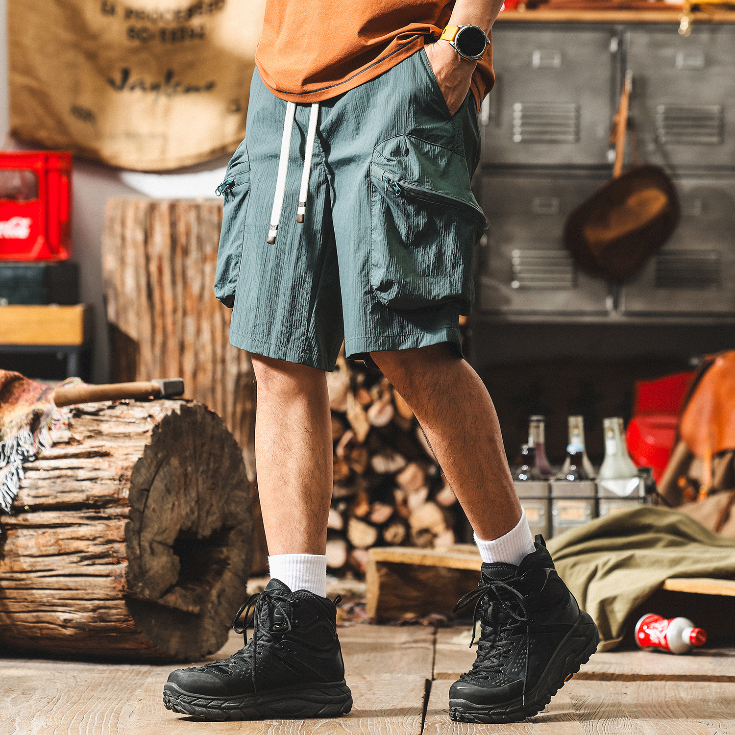 美式復古冰絲涼感薄款工裝短褲男夏季戶外機能休閒寬鬆直筒五分褲