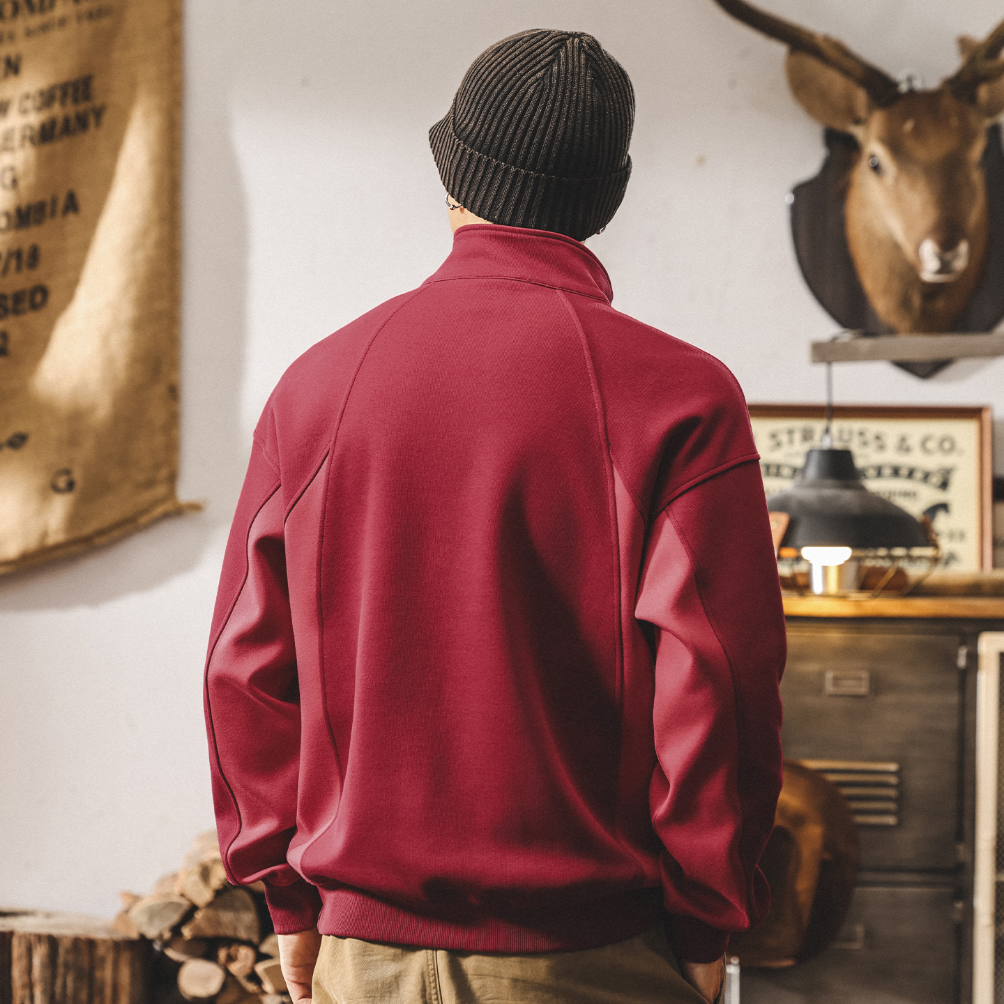 美式復古酒紅色半高領重磅衛衣男春秋新款潮牌寬鬆潮流休閒上衣男