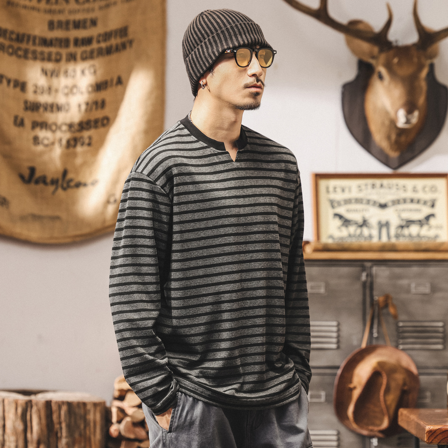美式280g重磅條紋長袖t恤男秋季2025新款寬鬆潮牌慵懶打底V領上衣