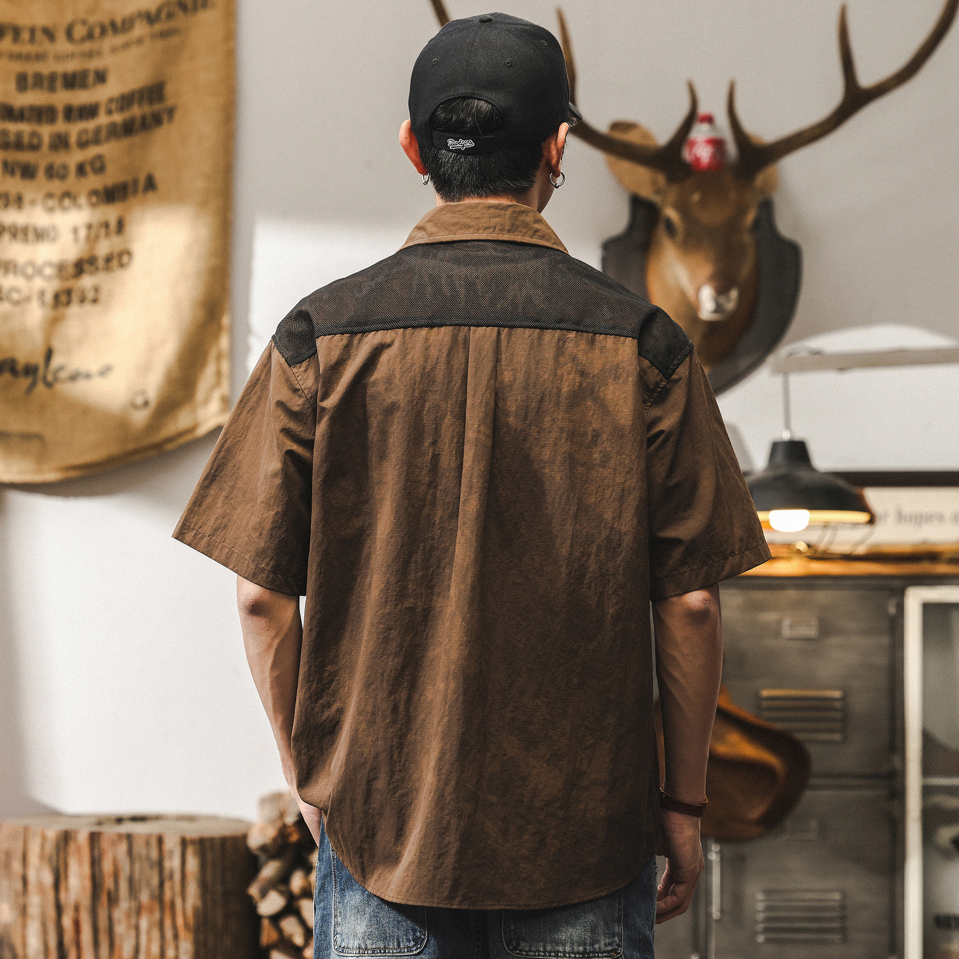 美式復古咖色短袖襯衫男夏季2025新款潮流戶外獵裝寬鬆工裝襯衣男