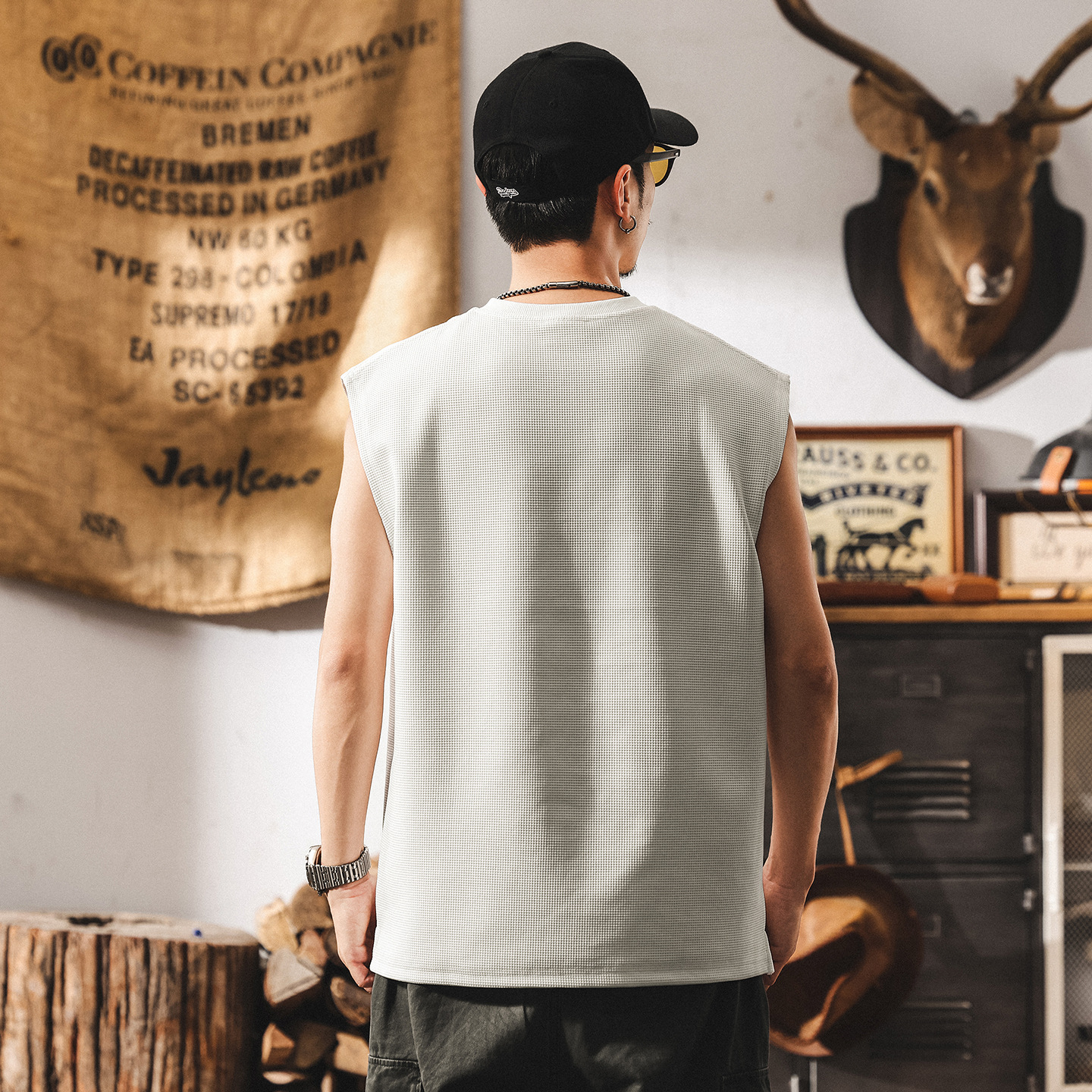 夏季新款半拉鍊痞帥運動健身背心男寬鬆潮牌華夫格肌理感男士T恤