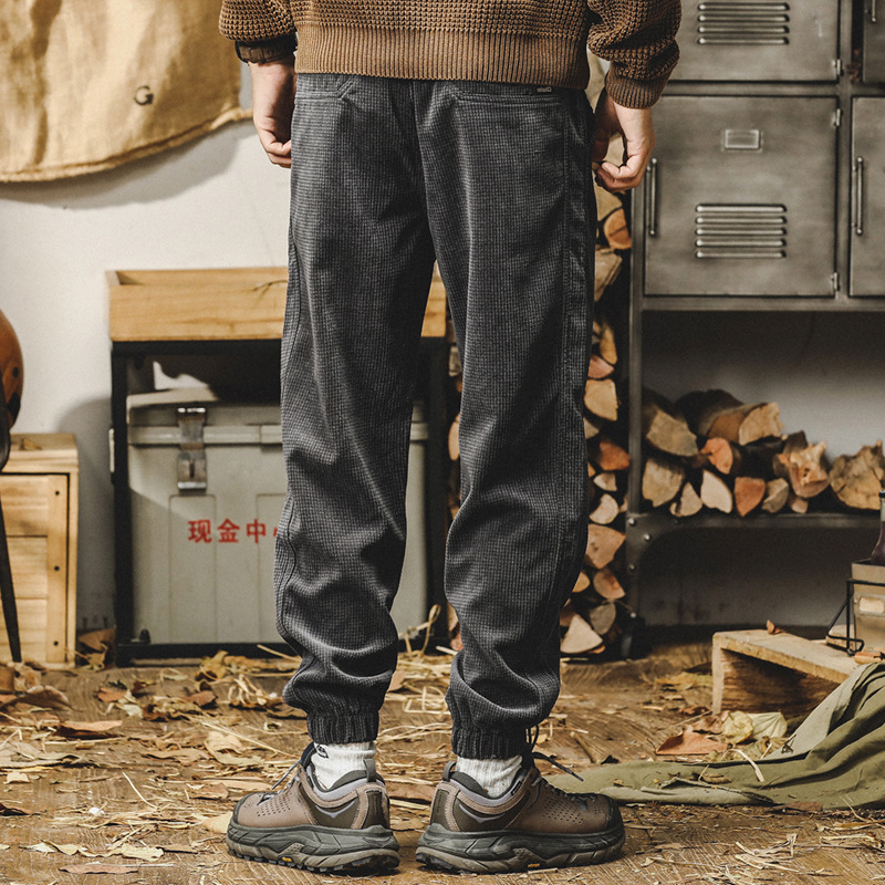 杰雷諾燈芯絨休閒褲男秋冬款寬鬆大碼束腳衛褲美式重磅加絨褲子男