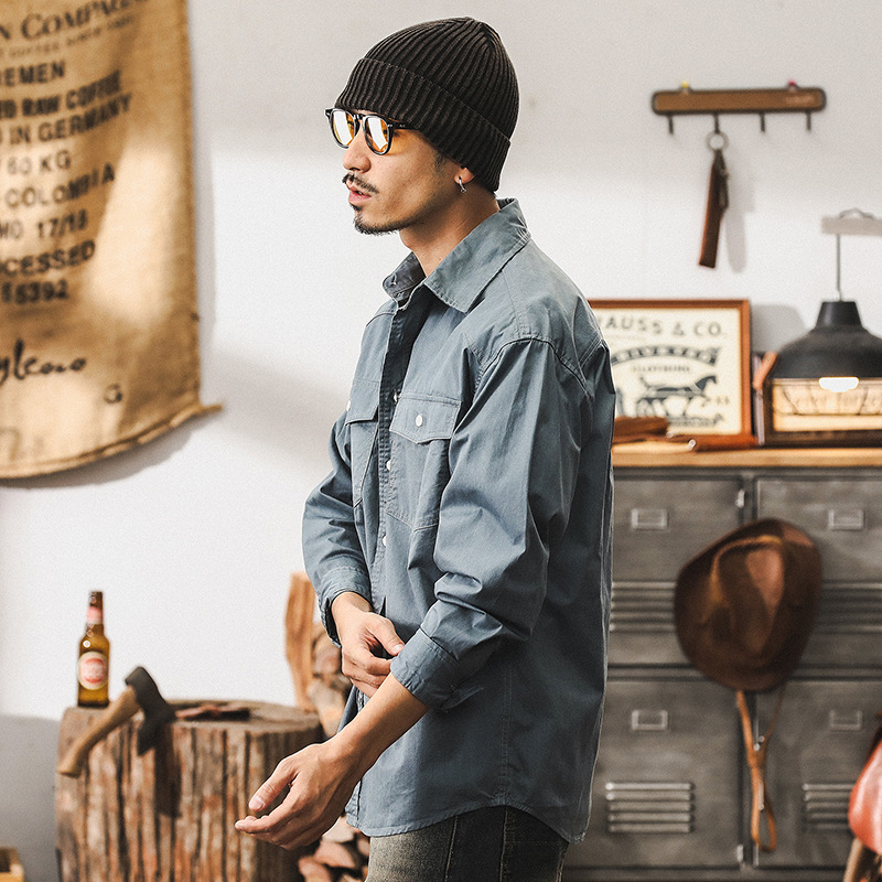 美式復古32支高密工裝襯衫男長袖秋季寬鬆潮牌藍色襯衣男春秋