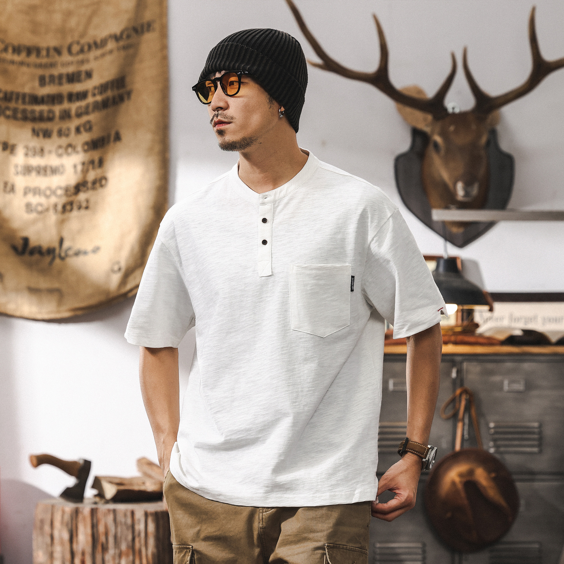 美式復古竹節棉短袖T恤男夏季2025新款T潮流亨利領阿美咔嘰POLO衫