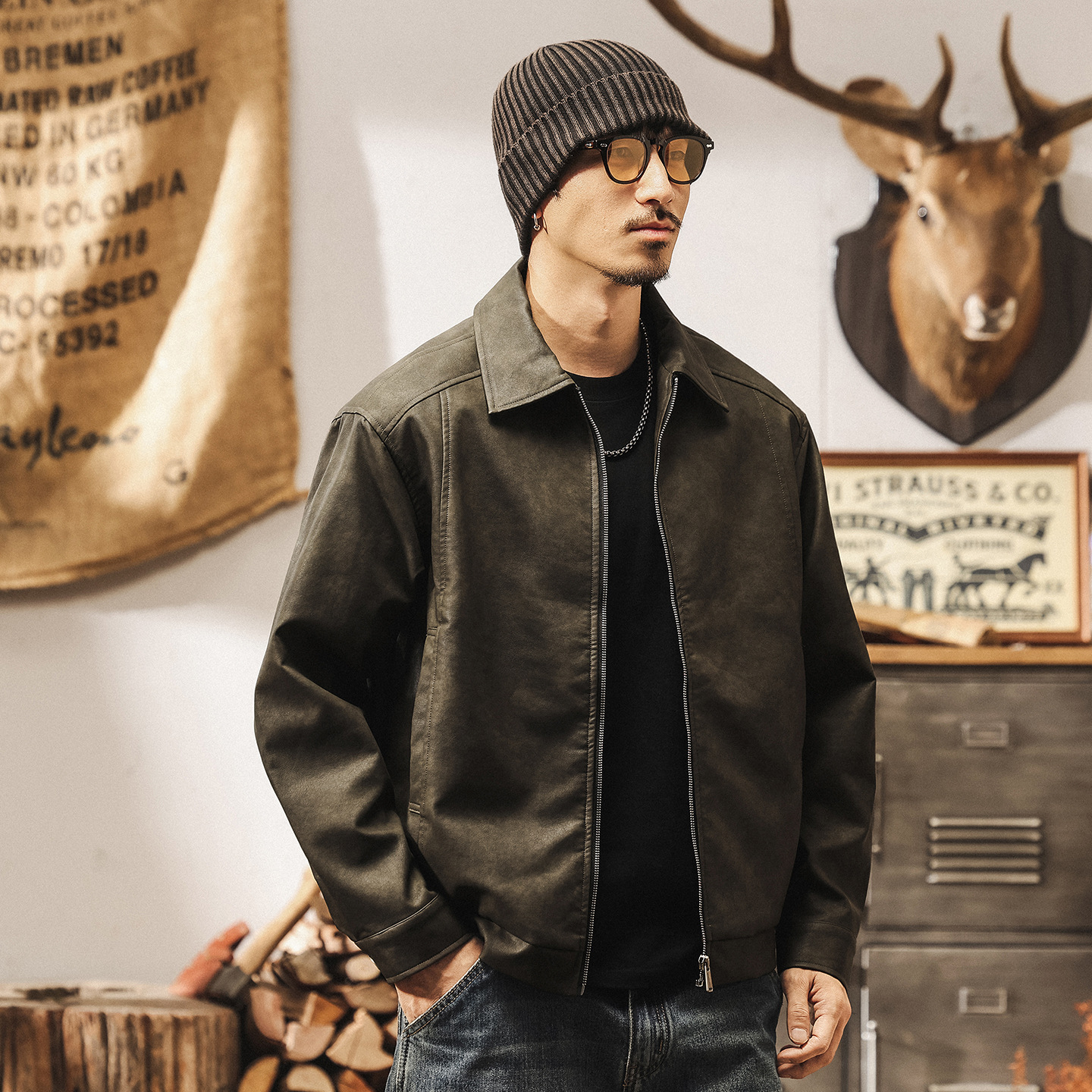 美式復古廢土風做舊皮衣外套男春秋新款寬鬆潮流帥氣飛行員皮夾克