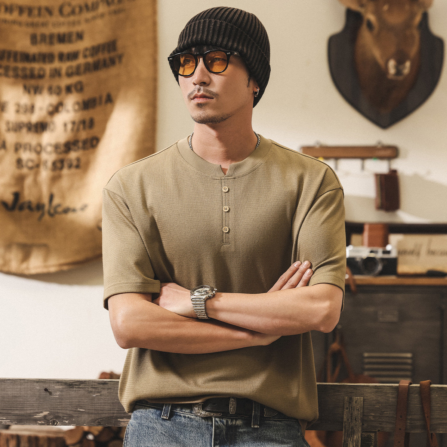 美式復古西西里棉男士T恤夏季2026新款短袖Polo衫男潮牌亨利衫男