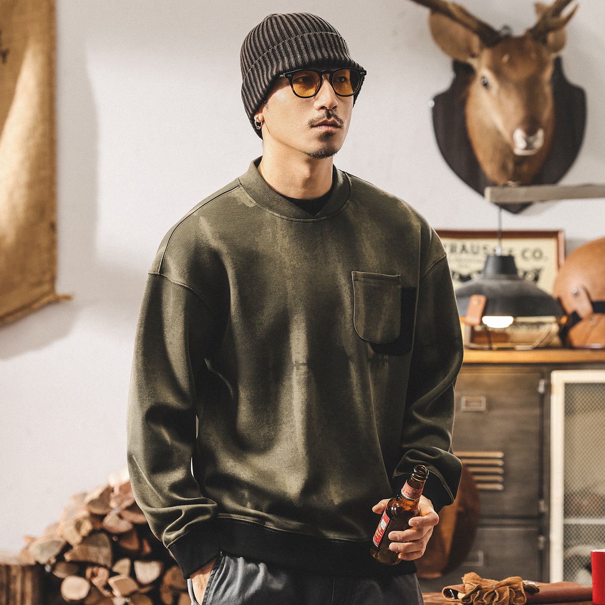 美式復古麂皮絨假兩件360g重磅衛衣男春秋新款潮牌寬鬆大碼上衣男