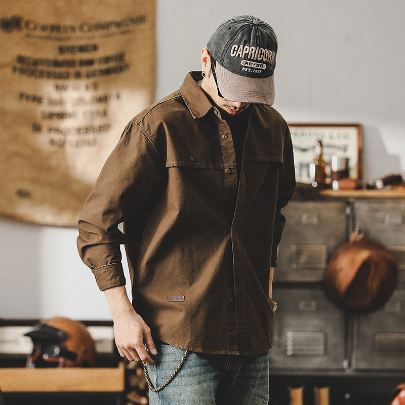 美式經典復古工裝襯衫男長袖2024新款硬漢戶外耐磨襯衣美拉德外套