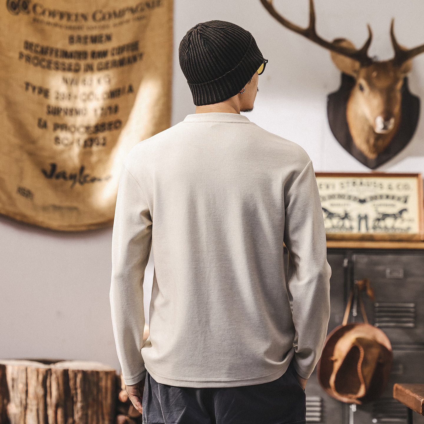 萊賽爾軟糯親膚長袖T恤男秋季新款美式復古潮牌寬鬆假兩件上衣男