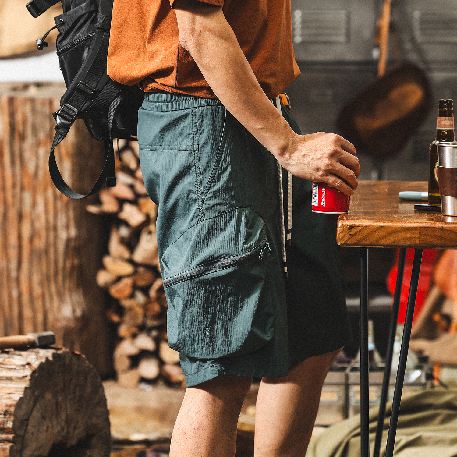 美式復古冰絲涼感薄款工裝短褲男夏季戶外機能休閒寬鬆直筒五分褲