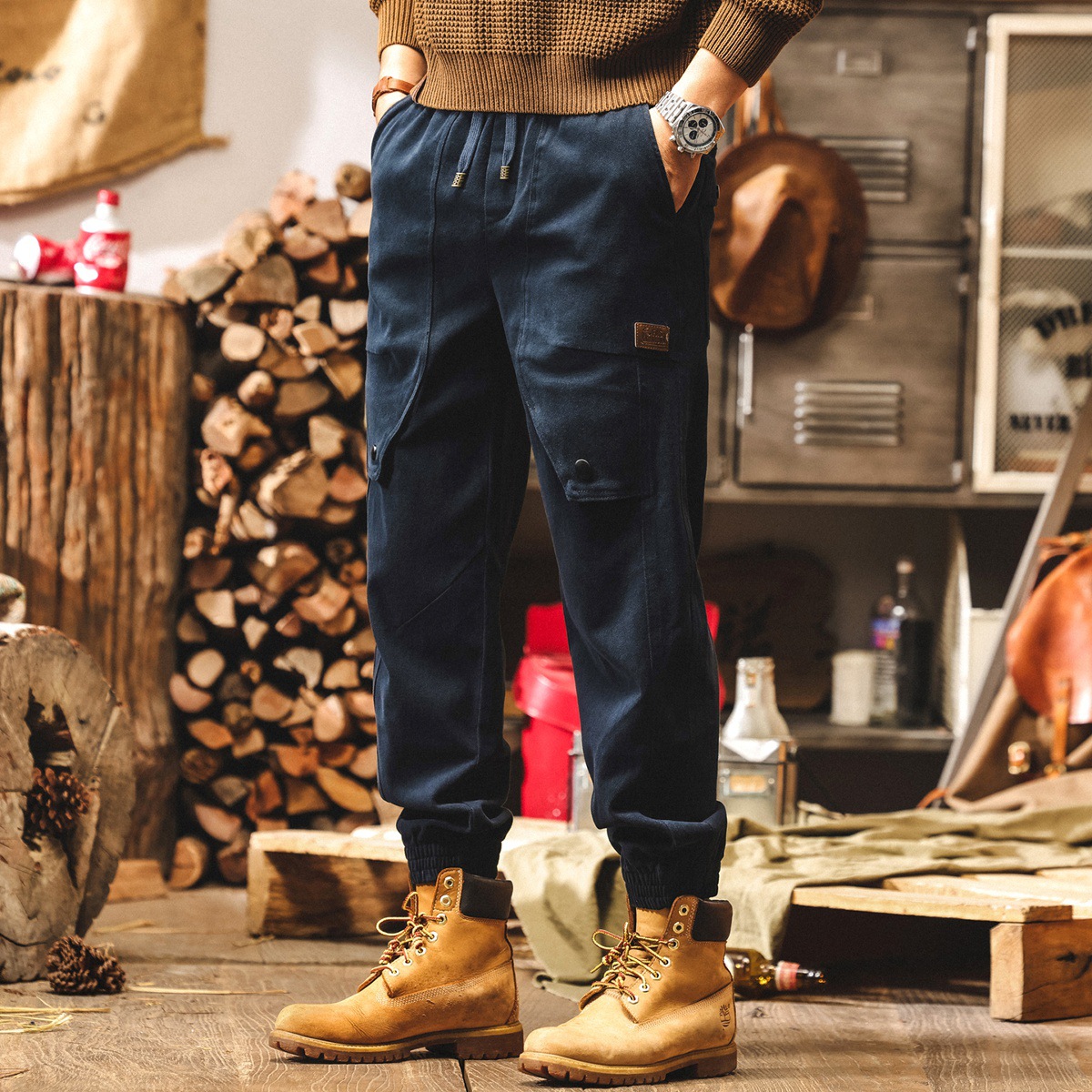 美式復古藏青色工裝褲子男士2025秋季潮牌寬鬆直筒束腳男士休閒褲