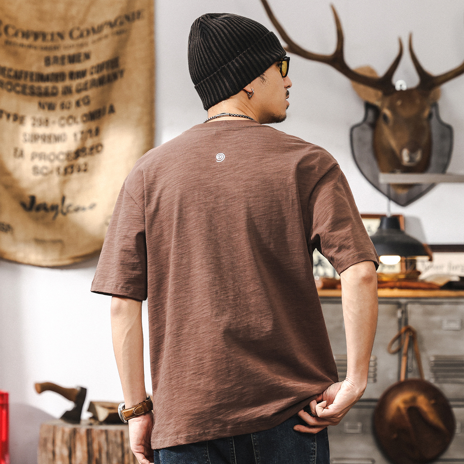 美式復古重磅竹節棉短袖T恤男夏季2025新款潮牌簡約刺繡休閒上衣T