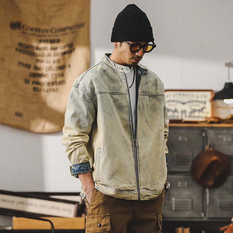 美式重磅复古立领机车夹克男春季痞帅黄泥染做旧赛络纺牛仔外套男