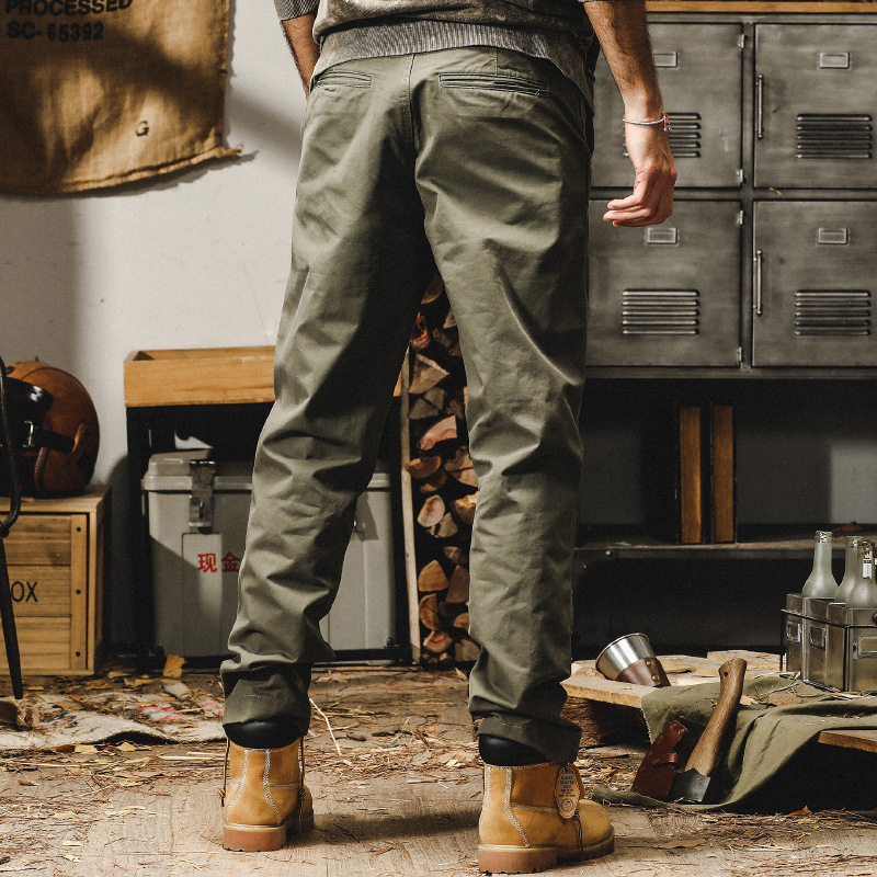 傑雷諾美式復古軍綠休閒褲男春秋款潮牌寬鬆直筒重磅硬挺工裝褲子