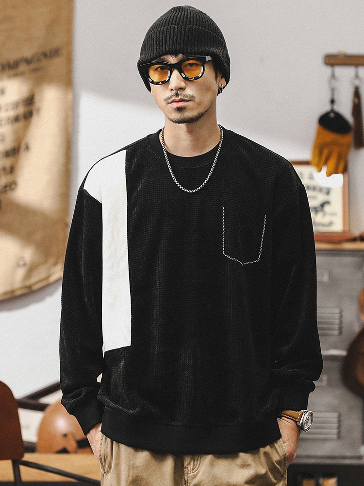 美式重磅華夫格衛衣男春秋款潮牌高級感拼接撞色寬松休閑男士上衣