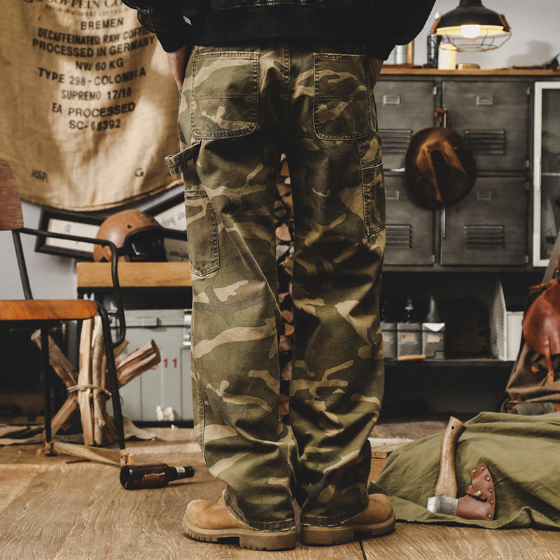 美式複古迷彩牛仔褲男秋季直筒痞帥潮流工裝褲子男戶外寬松休閑褲