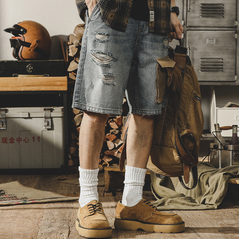 杰雷諾美式復古牛仔短褲男夏季寬鬆大碼破洞工裝五分褲男潮流中褲
