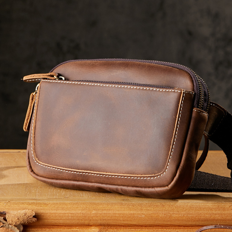手工休閒男士胸包復古牛皮戶外運動真皮腰包時尚個性瘋馬皮斜挎包