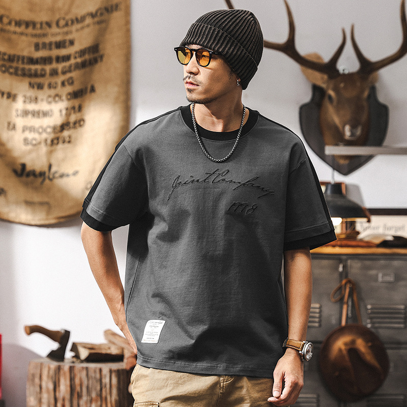 美式復古重磅T恤男短袖2025新款夏季潮牌撞色袖寬鬆男士上衣T男裝