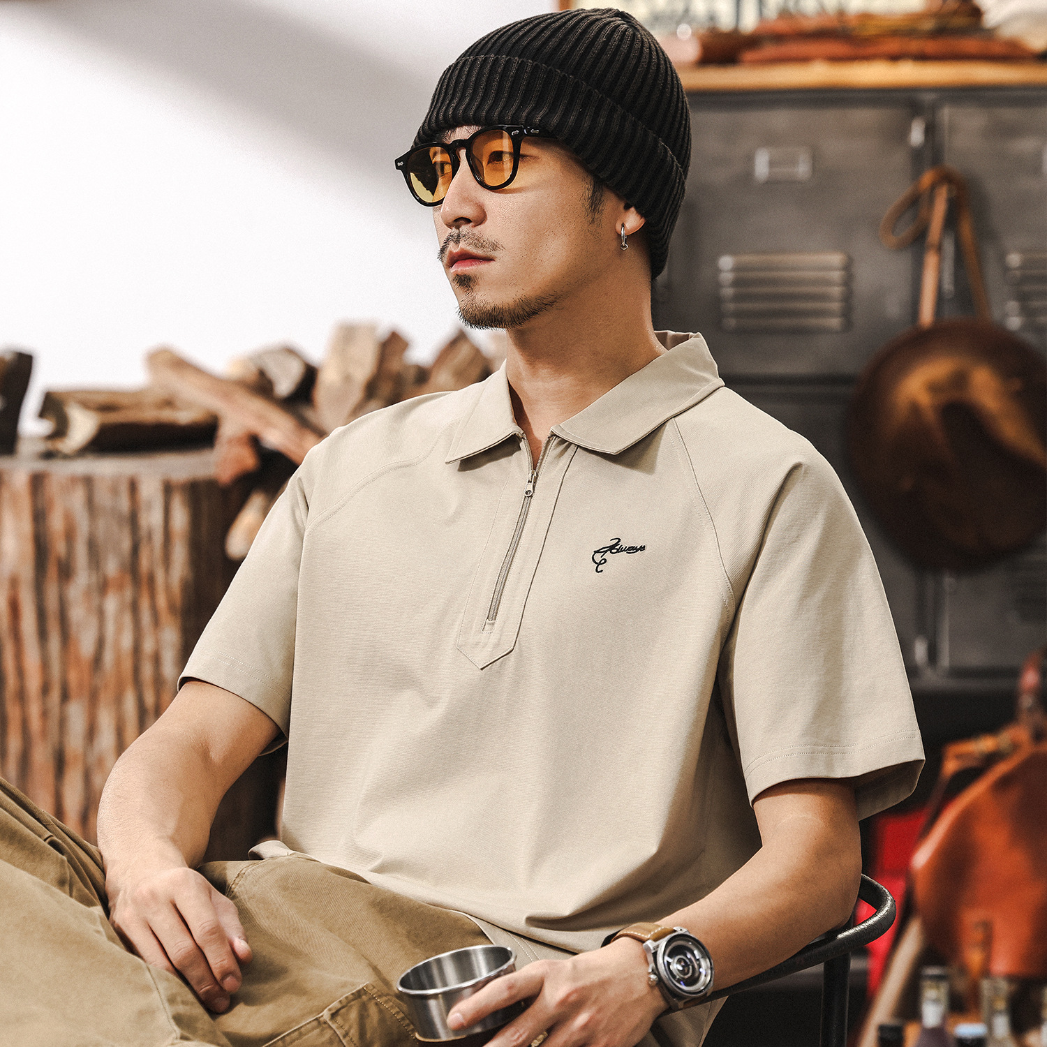 美式復古男士polo衫短袖夏季2025新款潮流半拉鏈潮牌T恤寬鬆上衣