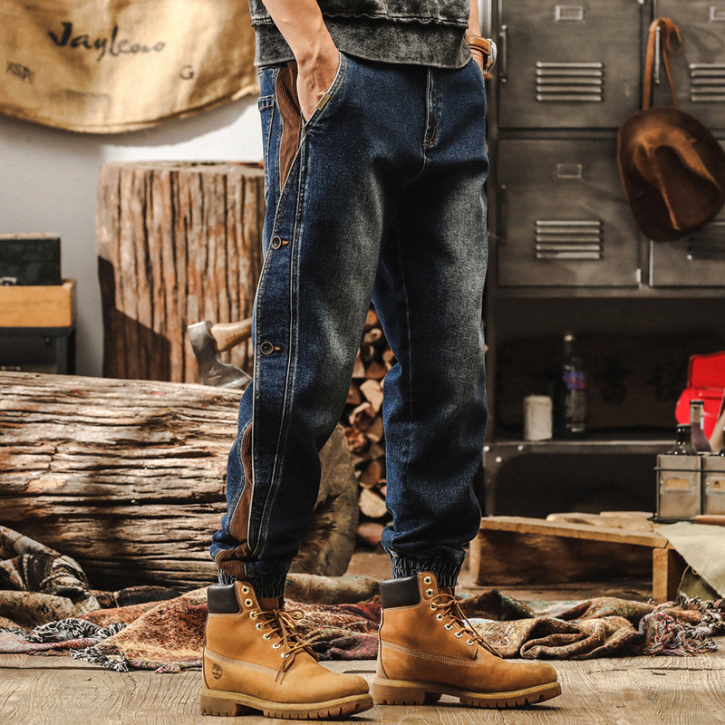 美式復古工裝褲子男秋季做舊寬鬆直筒牛仔褲男潮牌束腳排扣休閒褲