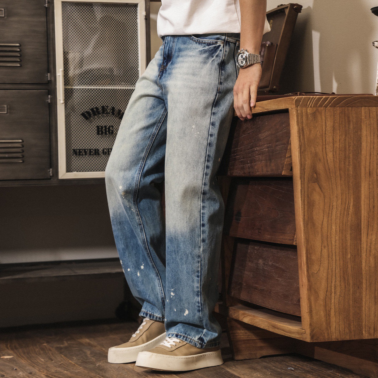 美式復古重工石磨水洗牛仔褲男款春季潮流潑墨直筒寬鬆男士休閒褲