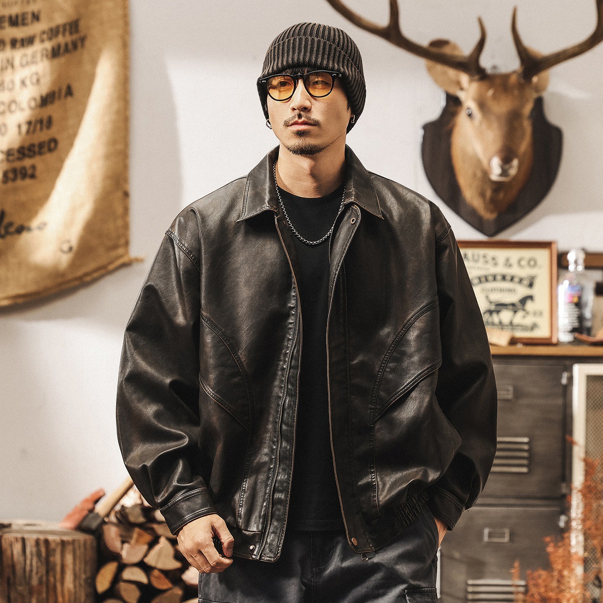美式復古廢土風PU軟皮衣外套男春秋寬鬆不羈帥氣潮流機車皮夾克男
