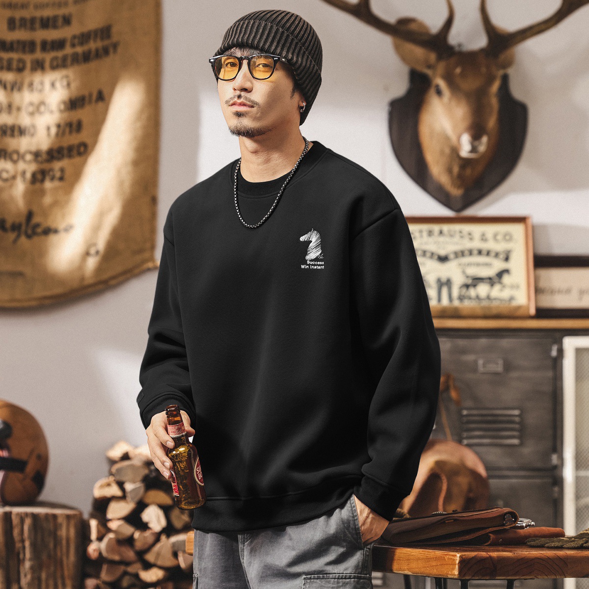 美式復古420g重磅衛衣男春秋2025新款潮牌刺繡寬鬆男士棗紅色上衣