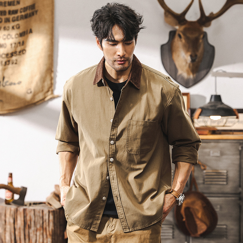 美式復古重磅高級感萊塞爾襯衫外套男抗皺垂感阿美咔嘰工裝襯衣男