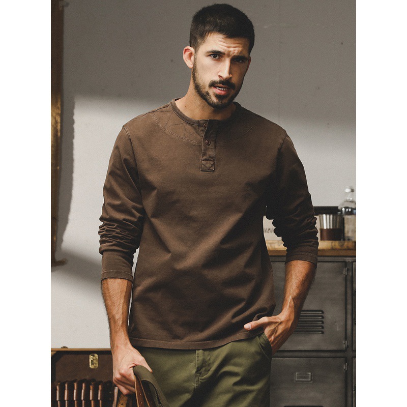 美式重磅復古衛衣男秋冬款潮牌寬鬆大碼水洗做舊打底亨利杉男