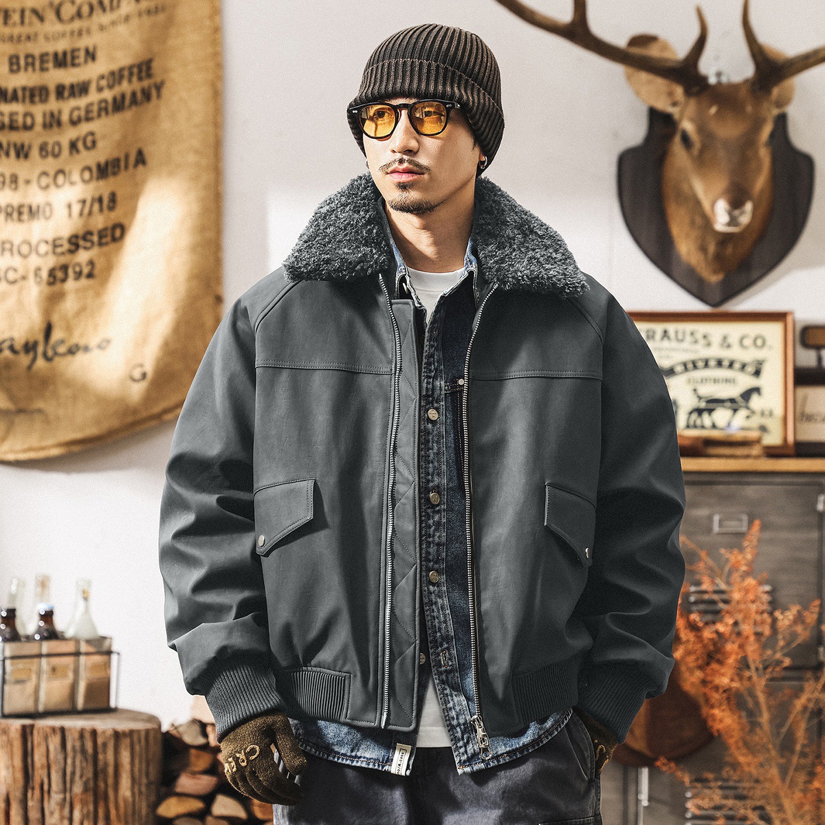 美式復古90%純白鴨絨毛絨領羽絨服男冬季潮牌機車皮衣羽絨外套男