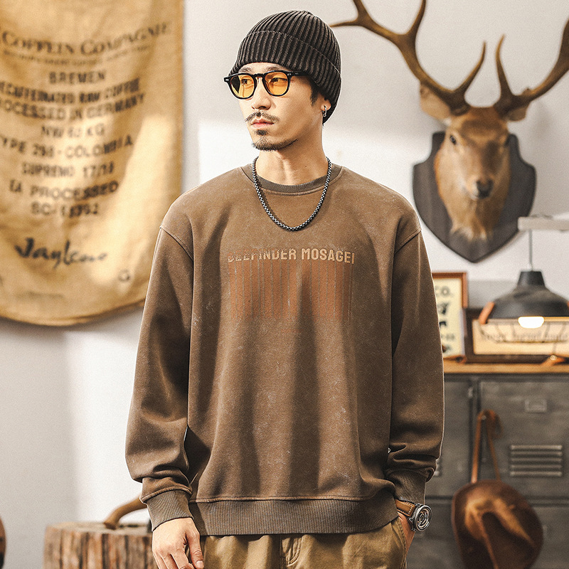 美式復古重磅蠟染衛衣男秋季潮牌設計感印花紫色上衣寬鬆大碼男裝