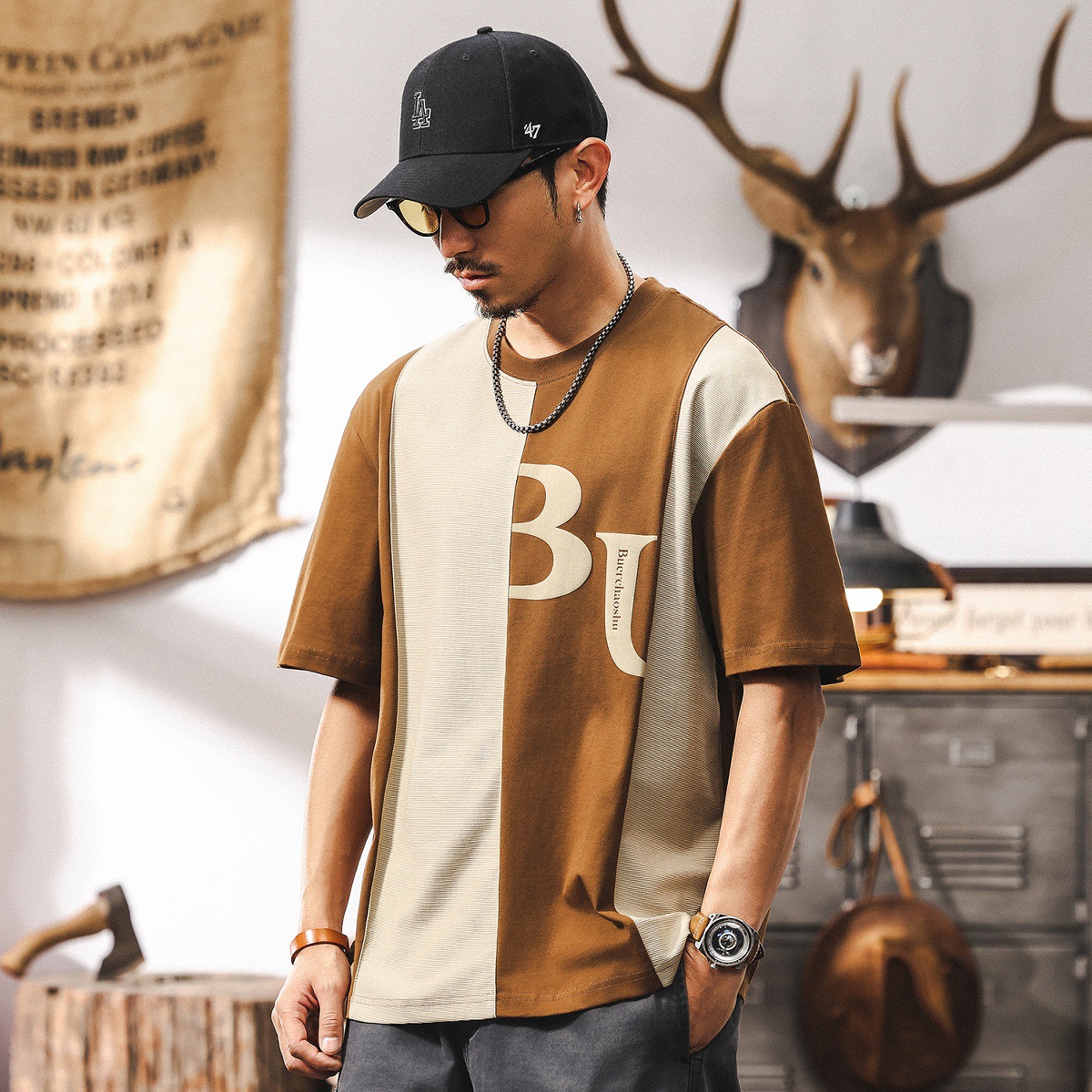 美式230g重磅復古短袖T恤男潮牌拼接撞色男士上衣半袖男體恤