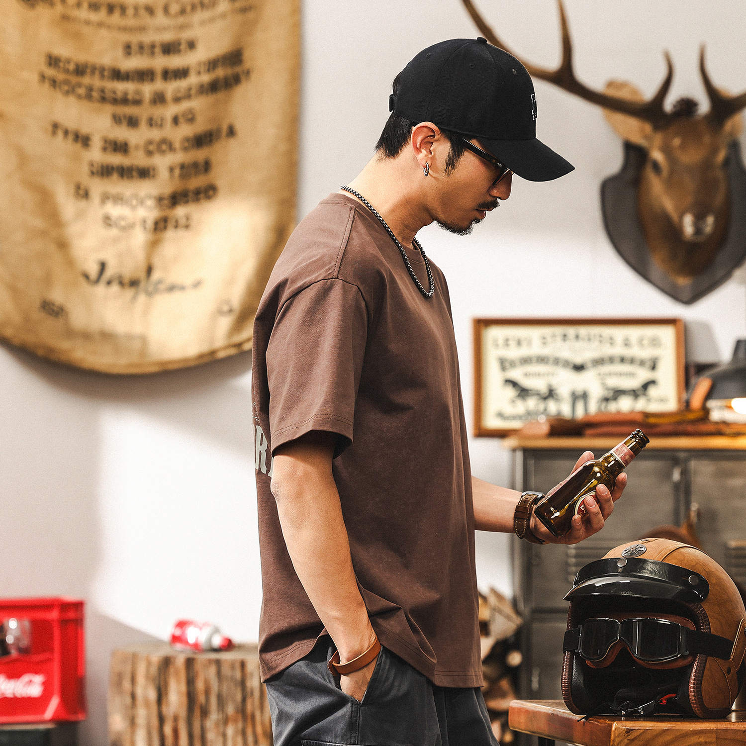 300g重磅蠟染水洗T恤男夏季短袖潮牌復古寬鬆戶外印花上衣男