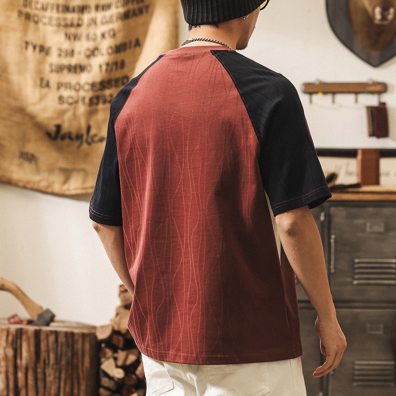 美式復古重磅撞色拼接短袖男T恤夏季潮牌寬鬆酒紅色男裝上衣