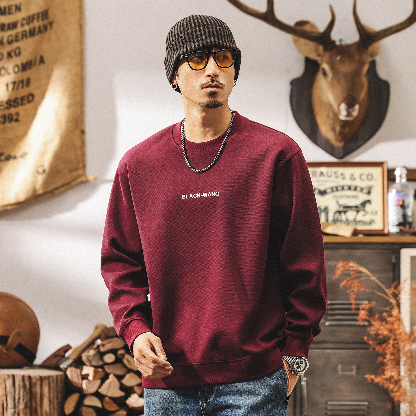 美式復古重磅衛衣男春秋2025新款緞紋肌理高級感紅色男士長袖t恤