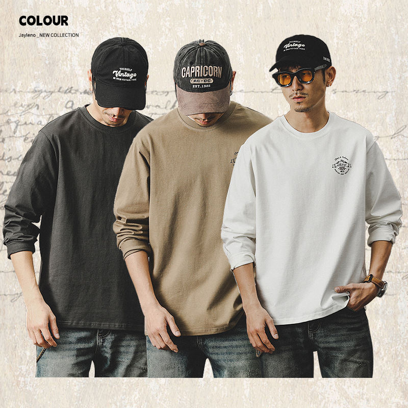 美式260g重磅T恤男長袖男士春季潮牌男裝寬鬆上衣印花打底衫