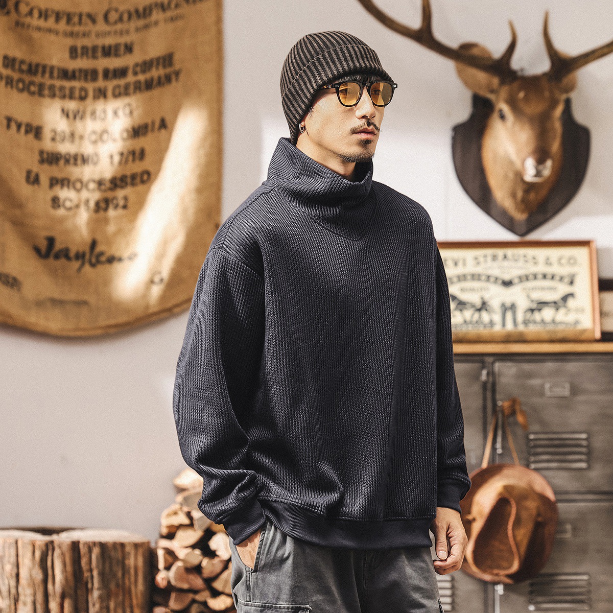 美式復古重磅高領護頸衛衣男春秋潮牌保暖寬鬆打底衫休閒男士上衣