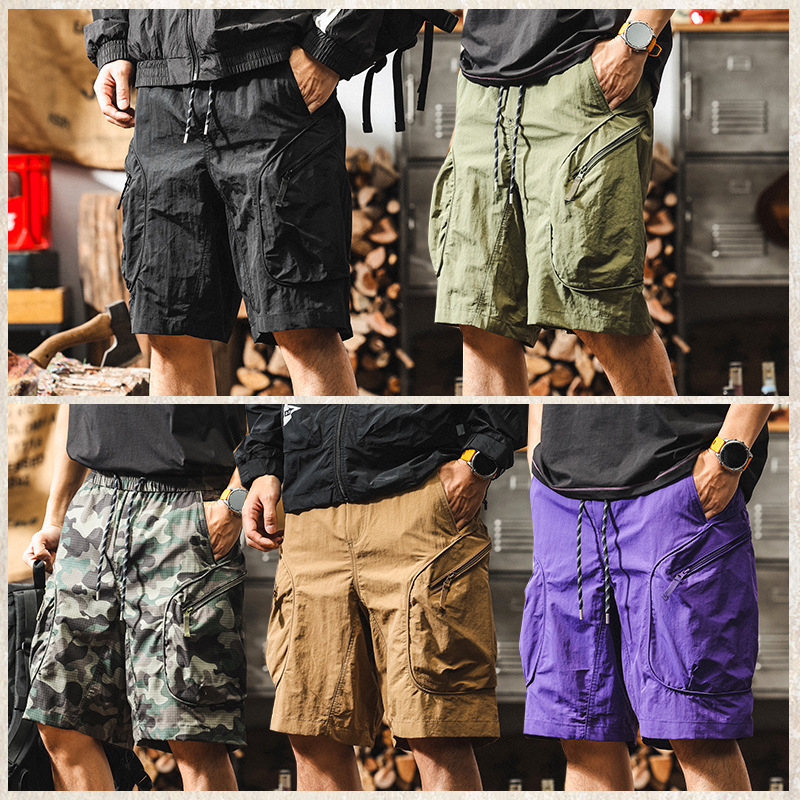 冰絲涼感薄款卡其色工裝短褲男夏季潮牌戶外機能速幹寬鬆五分褲男