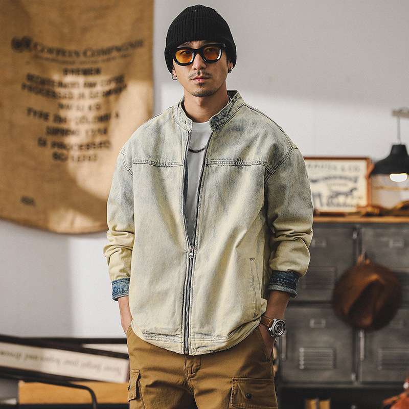 美式重磅复古立领机车夹克男春季痞帅黄泥染做旧赛络纺牛仔外套男