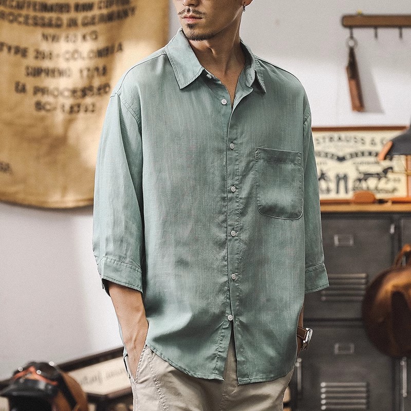 夏季新款中式國風亞麻襯衫男士短袖萊賽爾天絲薄款七分袖男士襯衣