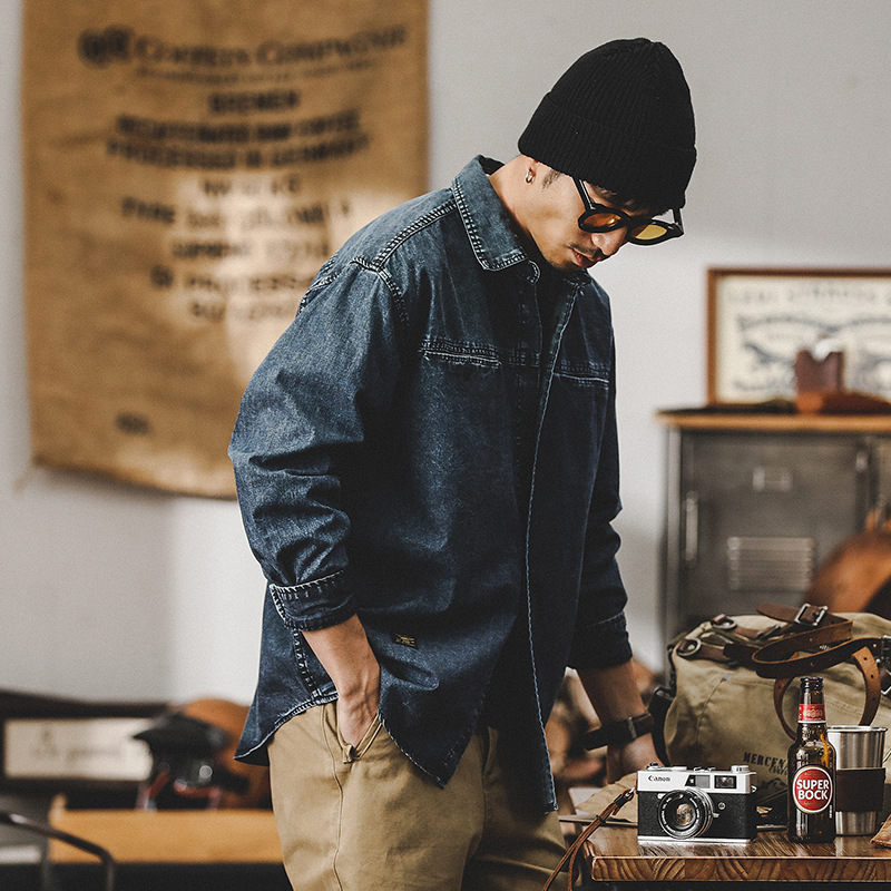 美式工裝牛仔襯衫男長袖2024新款酵磨復古襯衣男春秋男士上衣外套