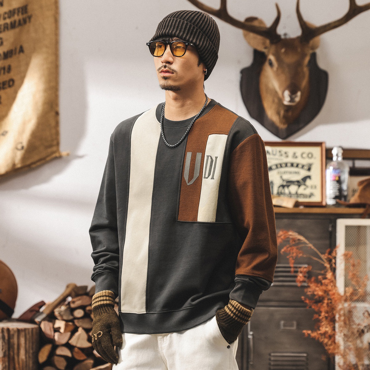 美式復古重磅衛衣男春秋款潮牌拼接結構撞色寬鬆男士上衣秋季外套