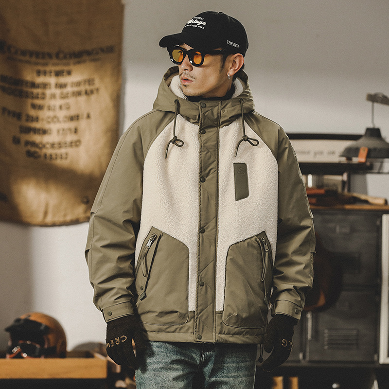 美式拼接設計羊羔絨外套男冬季2023年新款男生加絨加厚工裝棉服男