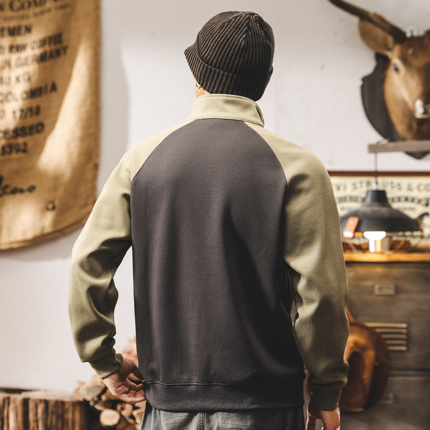 美式復古重磅拉鍊半高領衛衣男2025新款春秋潮牌撞色寬鬆休閒上衣