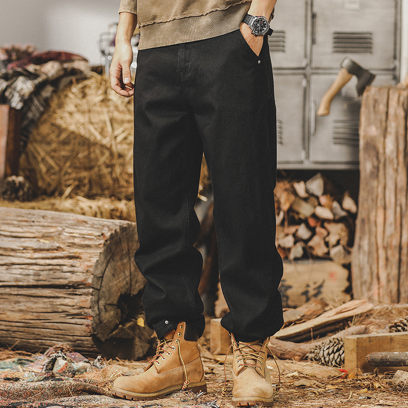 美式復古潮牌加絨黑色牛仔褲男秋冬款2024新款寬鬆直筒痞帥休閒褲