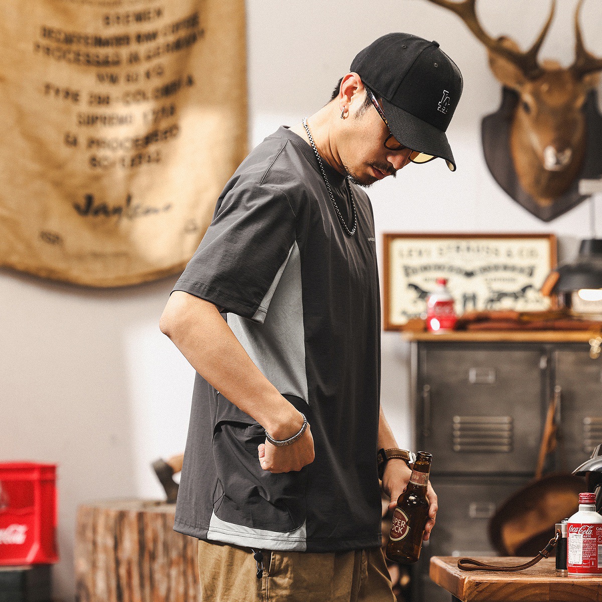 薄款運動速乾短袖男款夏季綠色戶外機能風T恤男美式復古寬鬆上衣