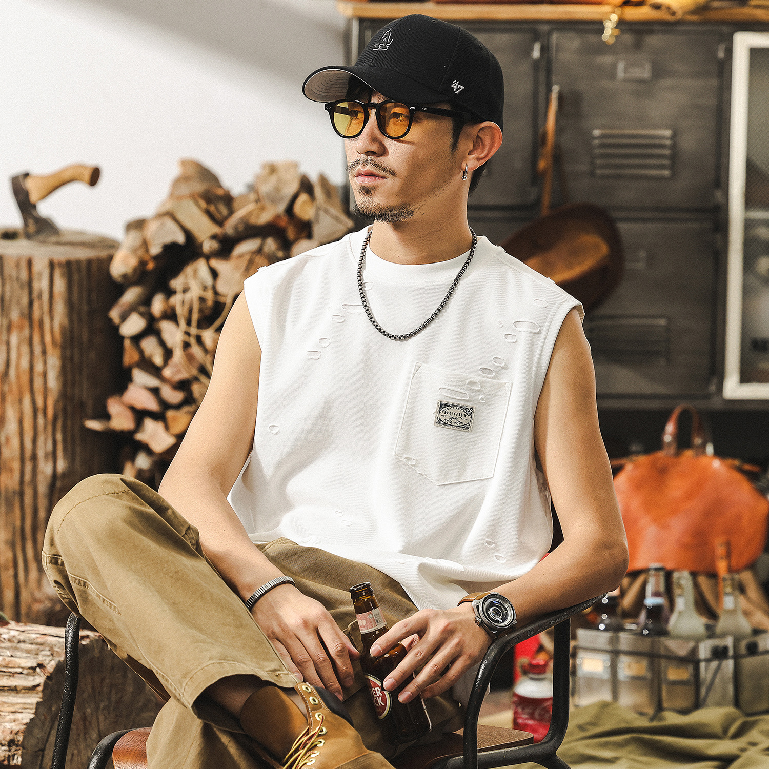 健身運動背心男款夏季潮牌破洞肌理感短袖男寬鬆白色T恤無袖上衣T